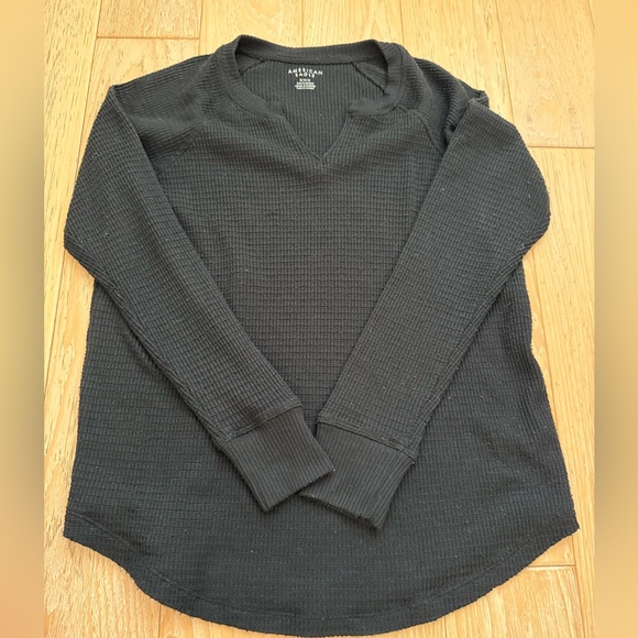 American eagle thermal knit long sleeve shirt size M black boho indie sleeze - Picture 1 of 7
